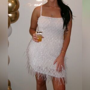 NADINE MERABI White Beaded Mini Dress with Feather Trim
